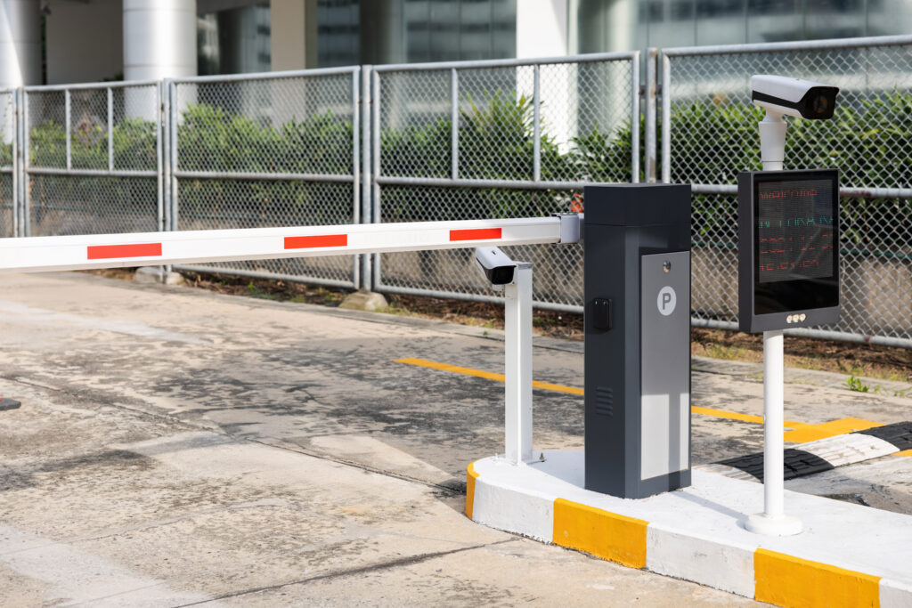 LPR camera system monitoring vehicles entering a private property parking lot